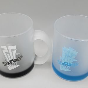 Vintage Rare Six Flags Coffee Mugs Frosted Glass Color Bottoms Blue and Black